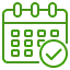 Green line icon of calendar with checkmark indicating scheduled or recurring cleaning appointments